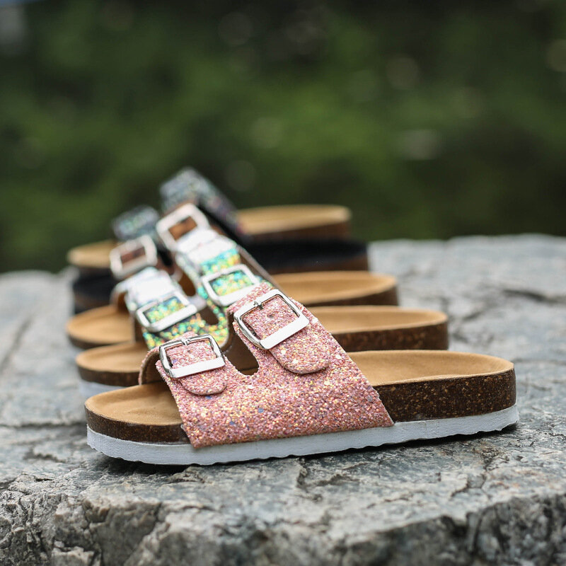 Sommer Strand Schuhe Kinder Hausschuhe Für Mädchen Kork Sandalen Bling Pailletten Eltern-kind-Schuhe Leopard Barfuß Hausschuhe Hohe Qualität