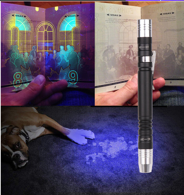 Mini linterna UV, luz negra de 395nm, bolígrafo de luz ultravioleta, luz blanca/púrpura, AAA