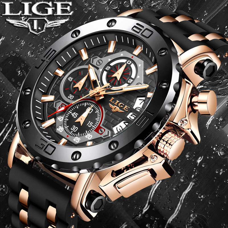 LIGE Luxury Casual Sport Watch Top Brand Creative Chronograph Silicone Strap Date Luminous Waterproof Big Men Watches Male Clock