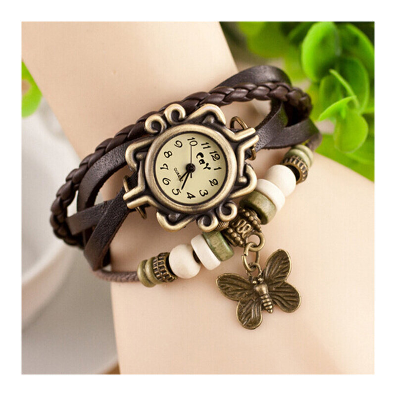 Damski na co dzień Vintage wielowarstwowy motyl ze sztucznej skóry zegarek na bransolecie damski zegar Montre Femme Relogios 2017
