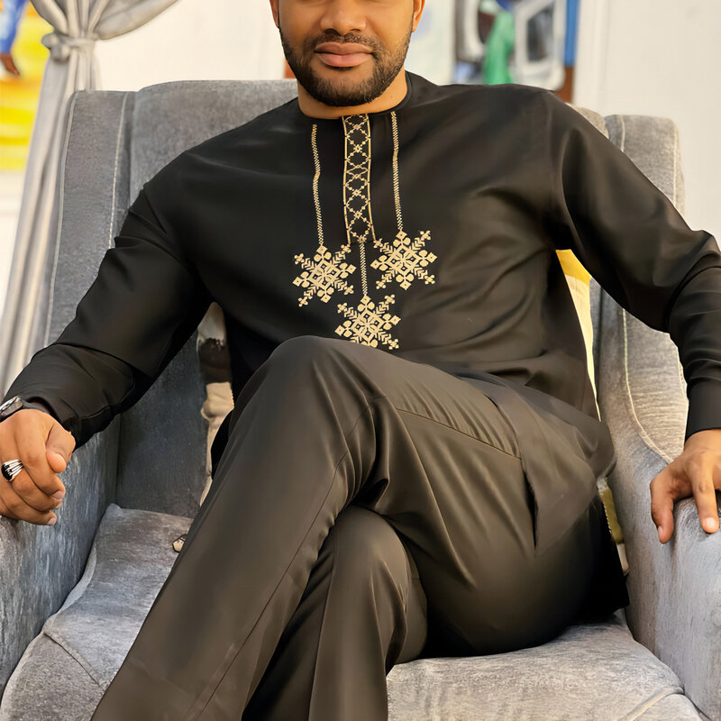 Jaket Fashion Muslim pria, kemeja bordir gaya etnik Afrika dan celana tali serut warna Solid Set 2 buah pakaian olahraga