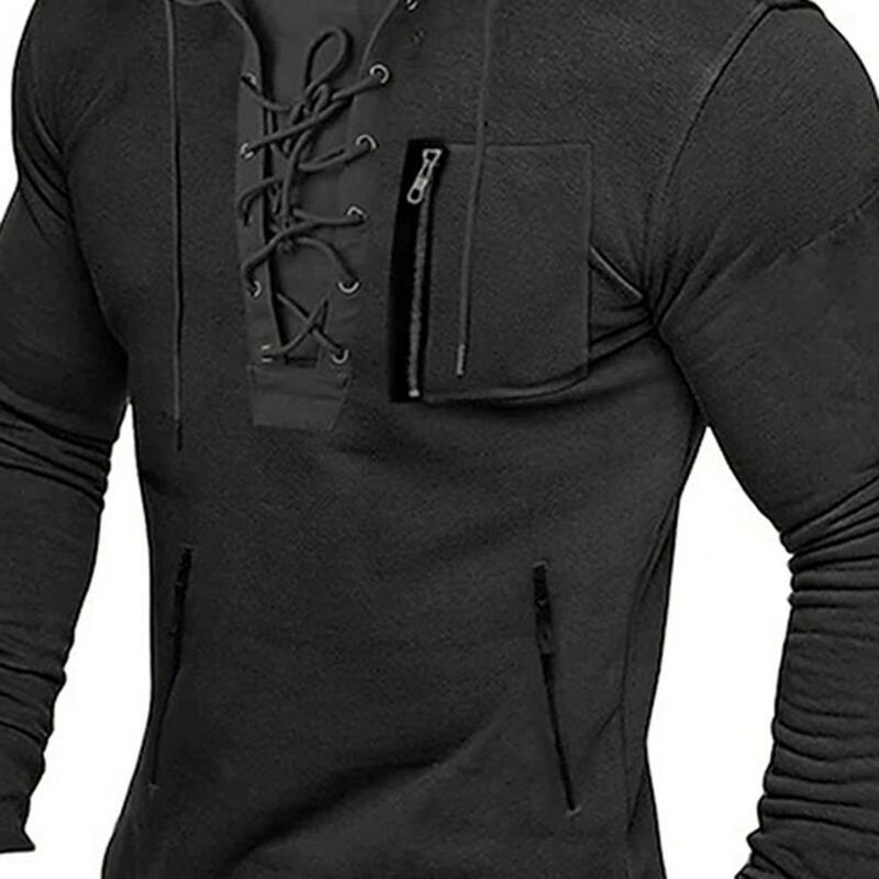 Men Fall Spring Top Lace Up Drawstring Solid Color Long Sleeve Zipper Pockets Pullover Streetwear Men Mid Length Hoodie