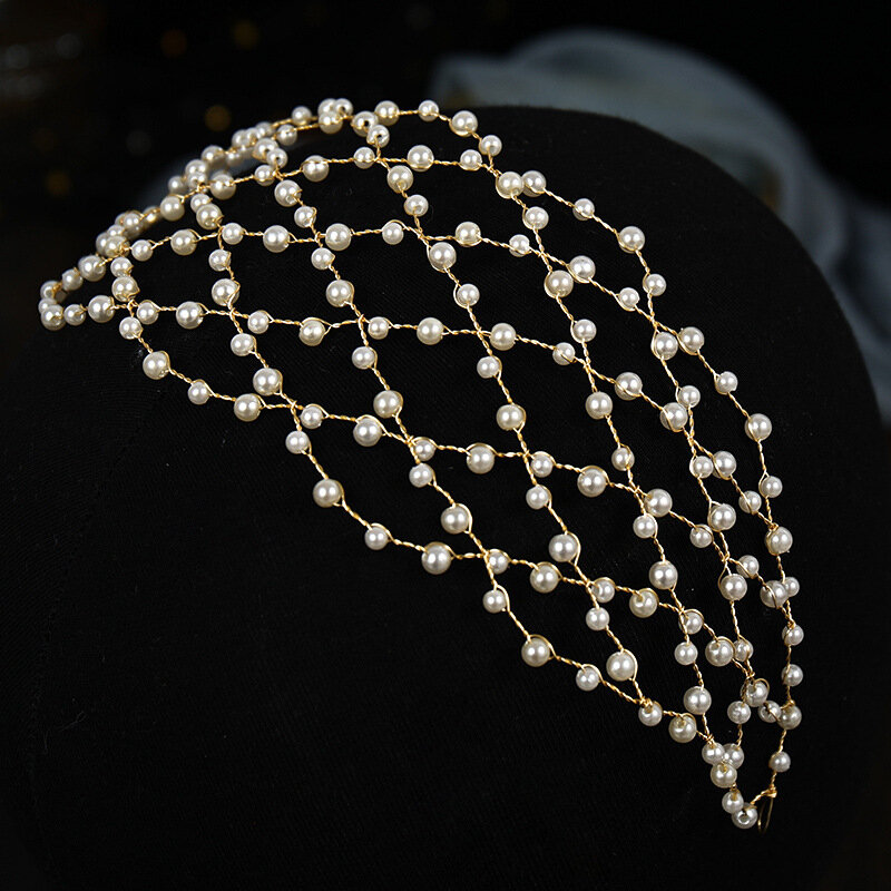 Diadema de malla de acero inoxidable con perla simple, diadema de calle hueca, nueva