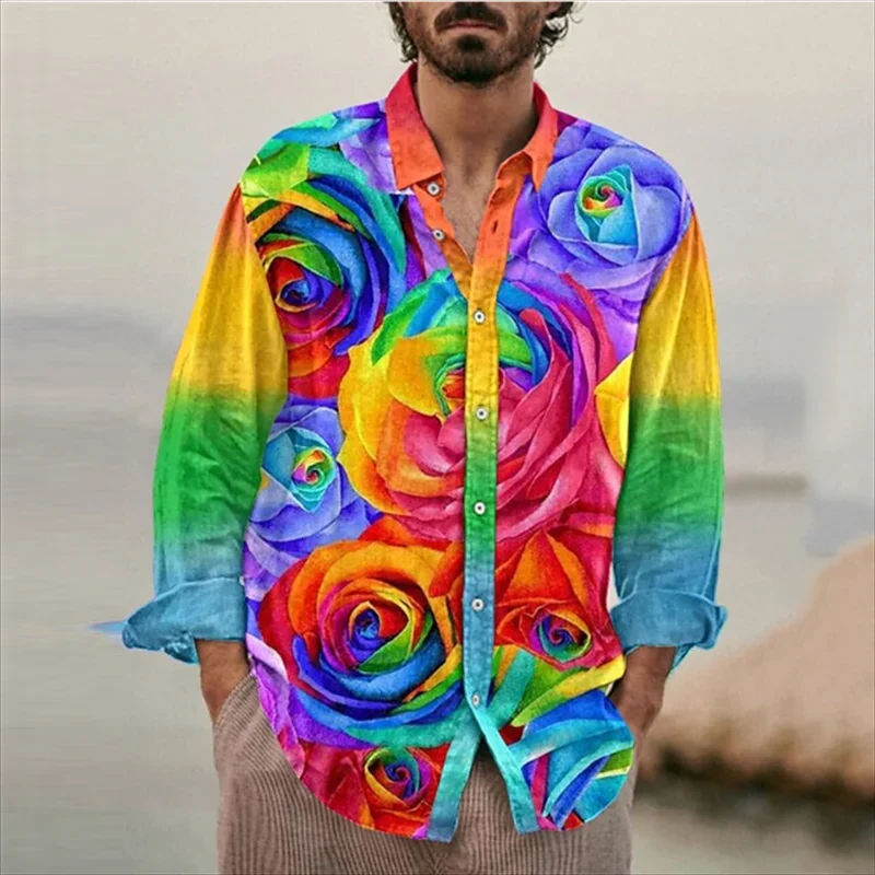 Summer Men Women Harajuku Colorful Love Shirts Rainbow Graphic Long Sleeve Lapel T-shirt Ropa Hombre Casual Oversized Male Tops
