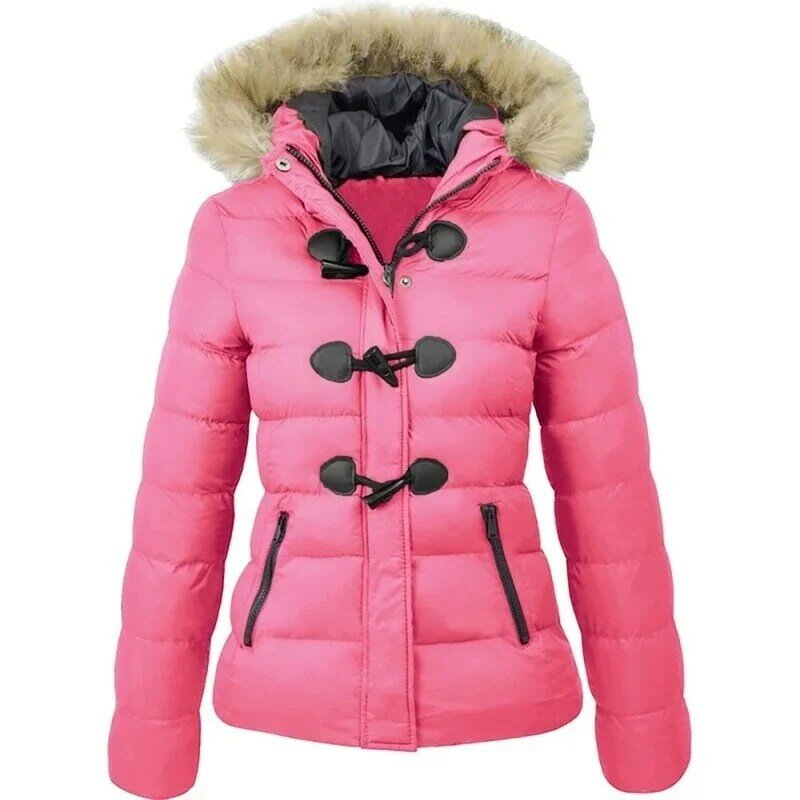 Декоративные зимние модели стеганых курток, женская короткая теплая куртка с капюшоном и пряжкой из рога, Женская Стеганая куртка
