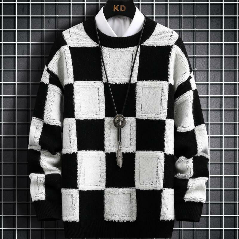 New Fall Winter Korean Style Mens Pullovers Sweaters High Quality Thick Warm Cashmere Sweater Men Luxury Plaid Pull Homme 2023