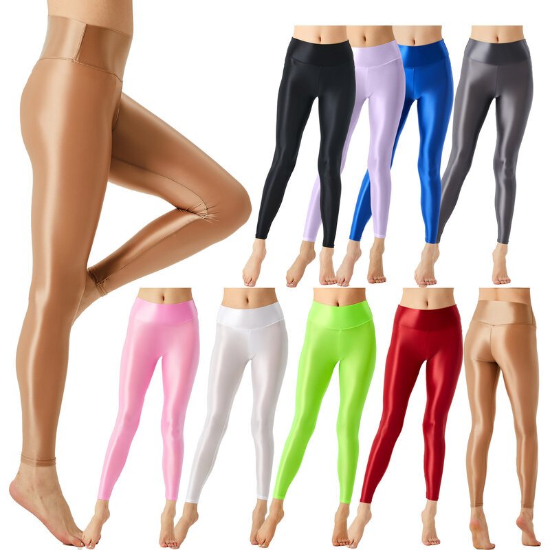 Women Wide Elastic Waistband Leggings Solid Color Glossy Stretchy Athletic Pants for Yoga Pilates Workout BodyBuilding Exercises