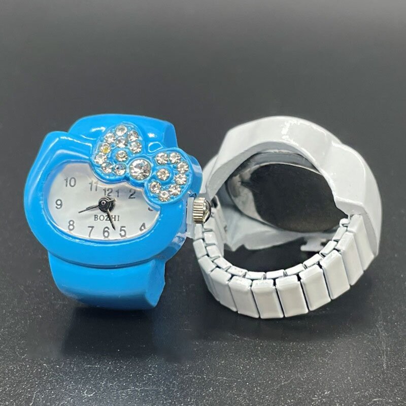 Pierścionek z zegarek ze strasów Kawaii w jednolitym kolorze pierścień z kokardą dla dzieci zabawki prezenty
