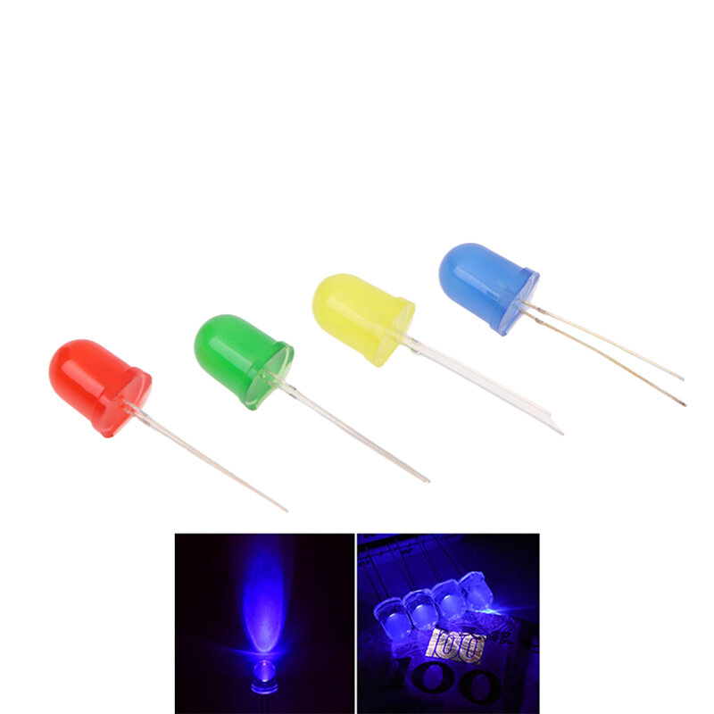 10PCS 10MM DIY F10 0.1W Diffused Round Light Emitting Diodes LED Assorted Kit 5 Colors White Red Green Blue Yellow