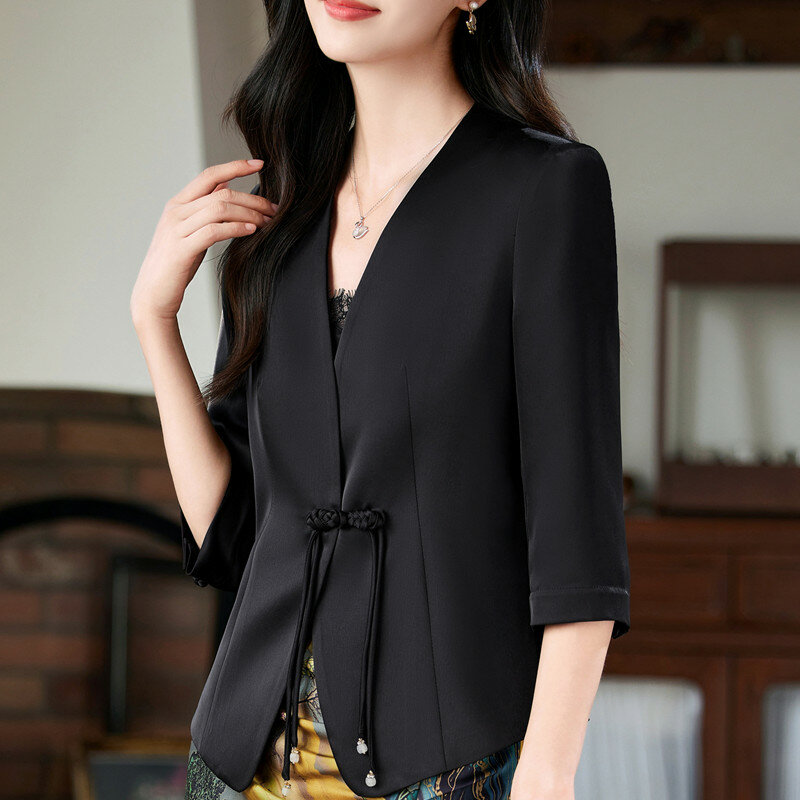 NAVIU-traje de seda satinada para mujer, abrigo de media manga, chaqueta lisa con un solo botón, elegante, para oficina