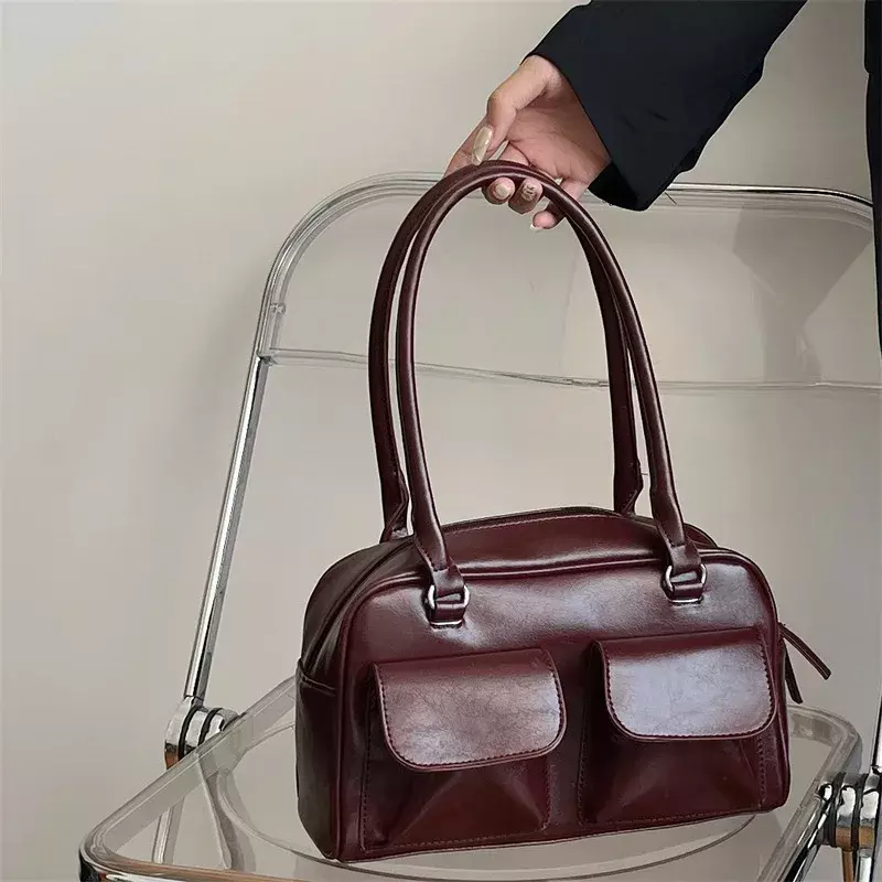 Vintage Women Business Shoulder Bags Simple Ladies Commute Tote Bag Pu Leather Female Underarm Bag Burgundy Large Handbags Purse