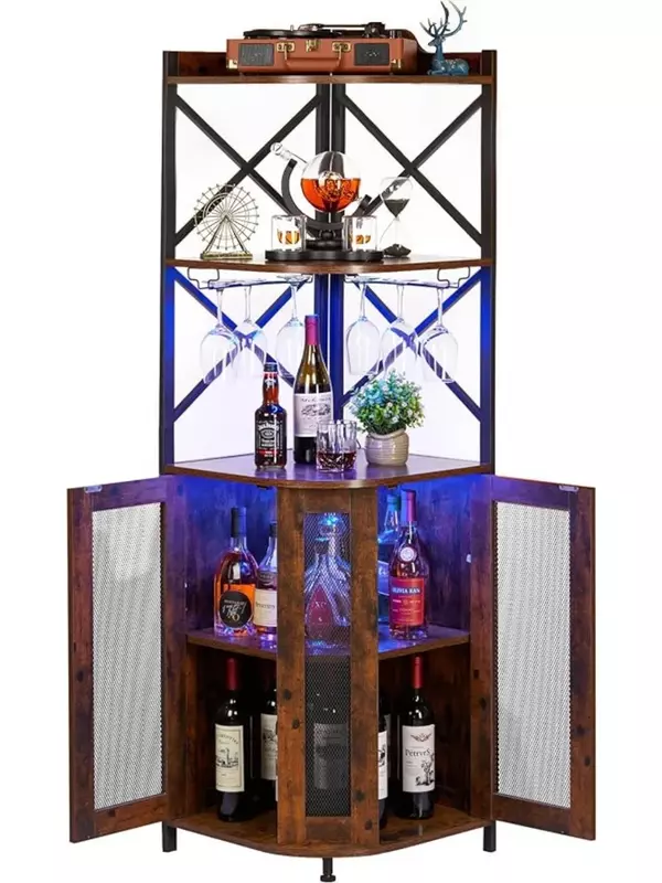 Narożna szafka barowa z lampami LED, 5-poziomowa szafka do wina przemysłowa z stojak na kieliszki, Bar winny szafka z regulowana półka,