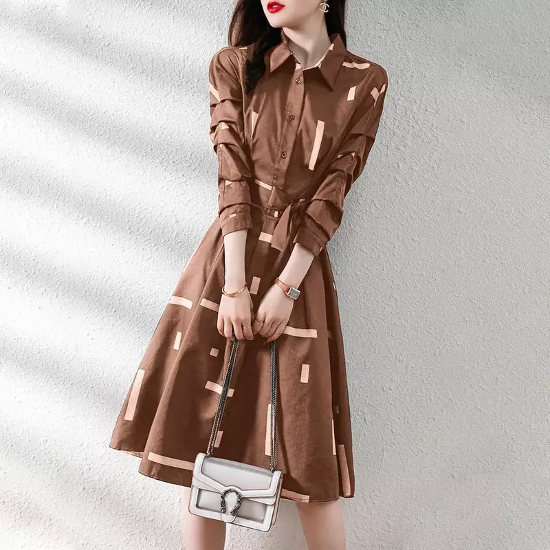 Elegante Mode geometrisch bedruckte Gürtel kleider Frühling Langarm Polo-Ausschnitt lose Tunika Pullover Midi Kleid weibliche Kleidung