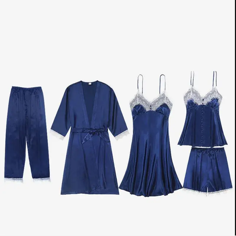 Pijama de cinco peças com almofada no peito para mulheres, casual e confortável, serviço doméstico sling, vestido de noite sexy
