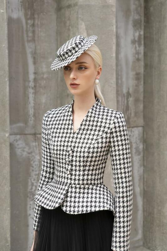 Retro clássico marrom escuro Houndstooth Tweed Top e saia plissada, roupa semi-formal, luxo acessível, loja de alfaiate, fino e fino, inverno
