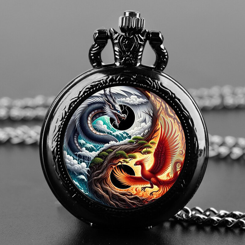 Mysterio phoenix Dragon Glass Dome Vintage Quartz Pocket Watch Men Women Pendant Necklace Chain Charm Clock Watch Jewelry Gifts