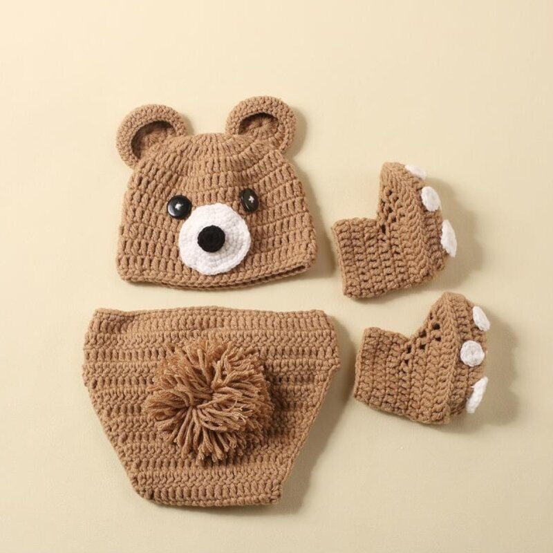 Knitted Bear Hat and Pants Set with Matching Shoes Comfortable and Photoshoots Clothing for Baby Photography QX2D