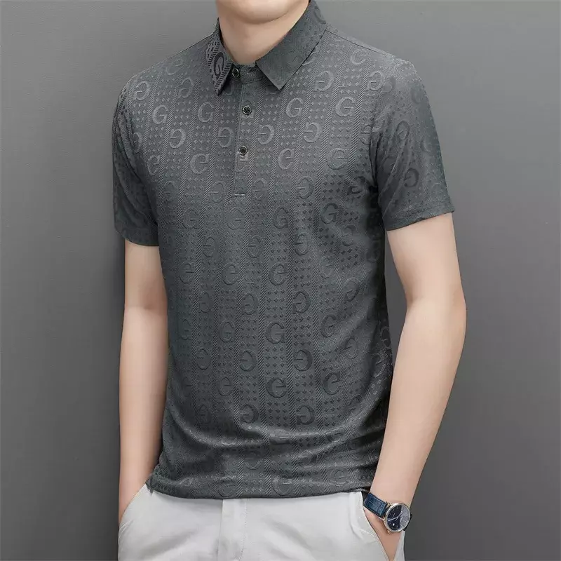Kaus Polo bermotif untuk pria, kemeja bisnis kasual longgar dan nyaman modis mulus musim panas untuk pria