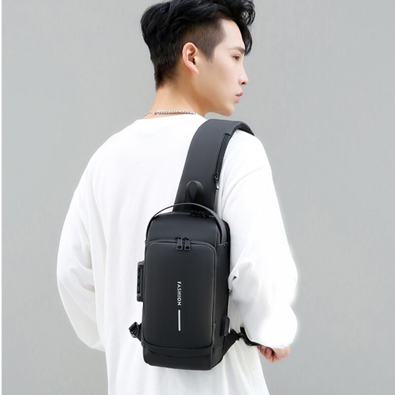Bolso bandolera con puerto de carga USB, bolso de pecho con cerradura combinada, bolso de hombro tipo bandolera para hombres, en