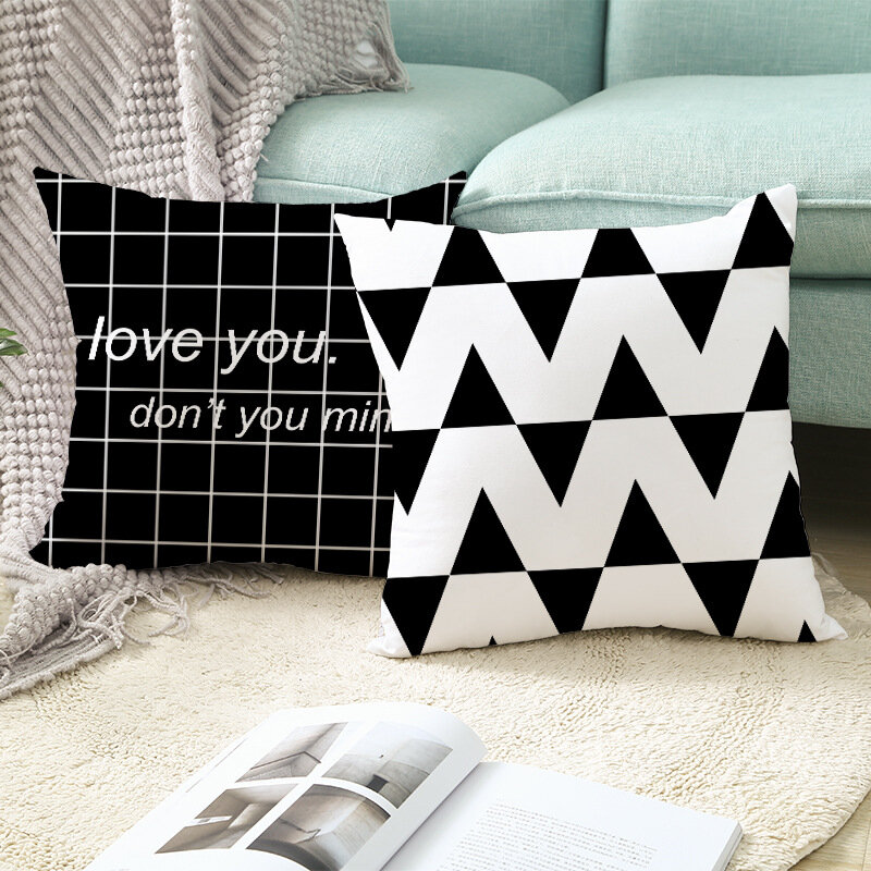 Funda de almohada de estilo nórdico en blanco y negro con retrato geométrico, funda de almohada para el hogar, sofá y oficina