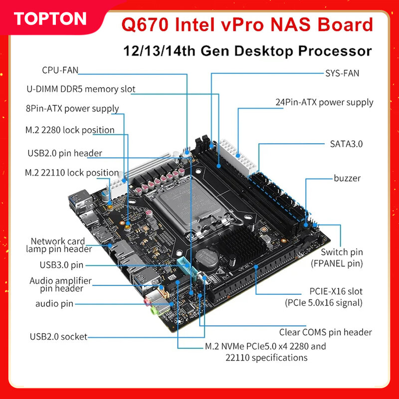 Topton-motherboard lga1700 cpu q670 intel vpro 8-bay 3x nvme 8x sata3. 0, roteamento macio, 2 x ddr5 hdmi2.0, cpu