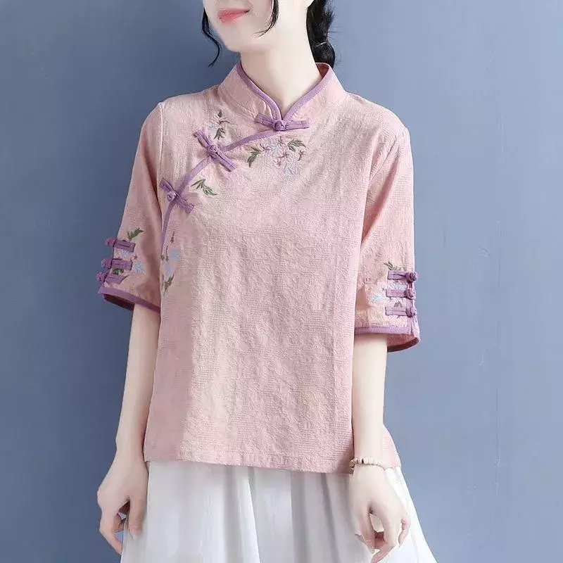 Vêtements de thé du Vermont de style chinois et chemise en coton et lin Hanfu avec Tang brodé imbibé et boutonné, améliorations