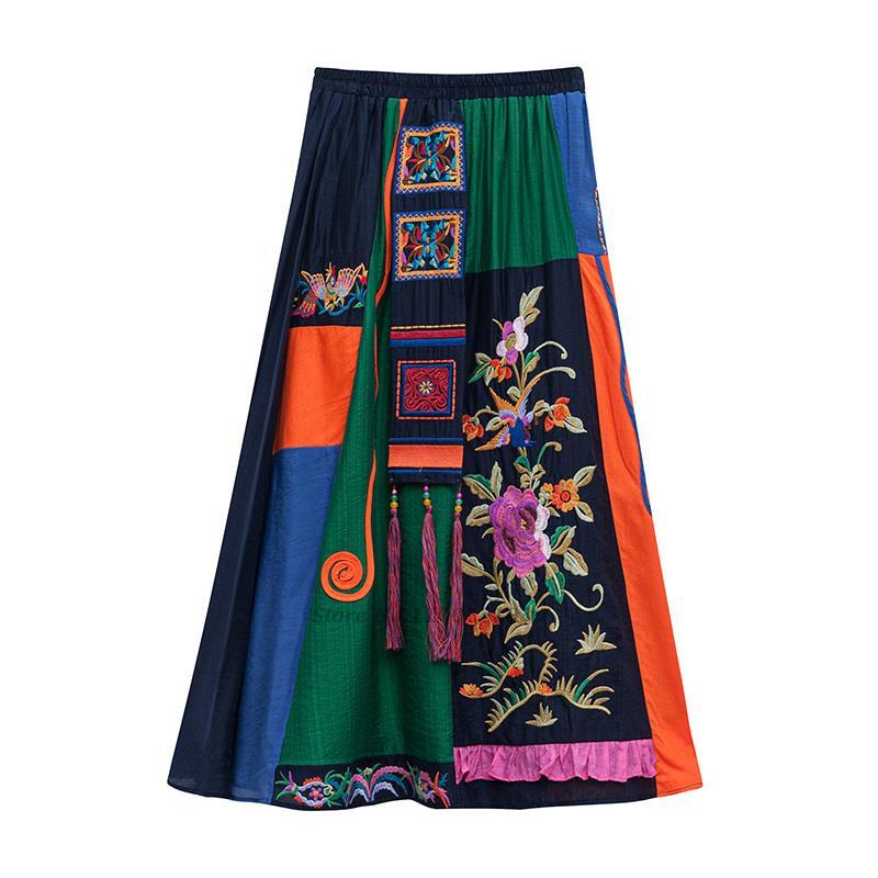 Saia Nacional Flor Bordada Patchwork para Mulheres, Hanfu Étnico, Fato de Dança Folclórica, Vintage, Retro, Oriental, 2024