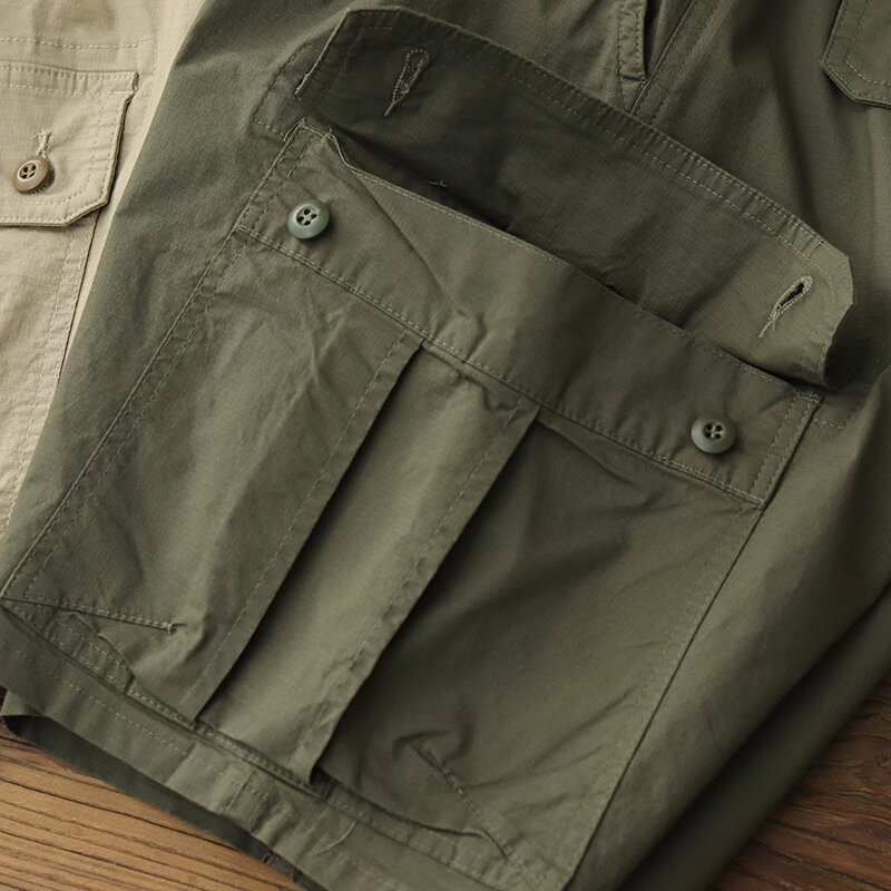 Letnie nowe amerykański Retro cienkie szybkoschnący szorty Cargo moda męska 98% bawełniane luźne spodnie z wieloma kieszeniami na co dzień pięciopunktowe