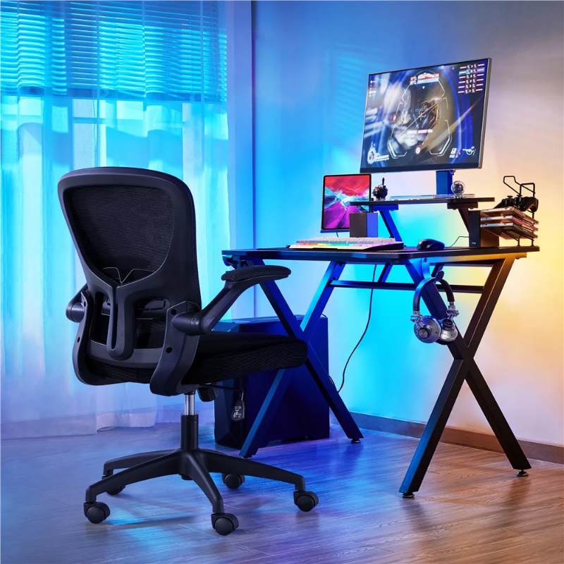 Sedia da ufficio regolabile con schienale medio con braccioli ribaltabili, mobili ergonomici neri in rete traspirante per Computer Gamer