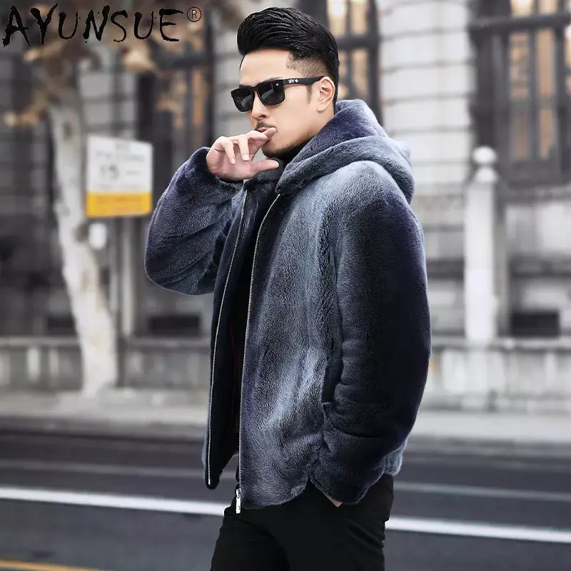 AYUNSUE-Manteau en fourrure de vison véritable pour hommes, vestes d'hiver chaudes, veste à capuche de luxe, mode 2022, CombSGG888