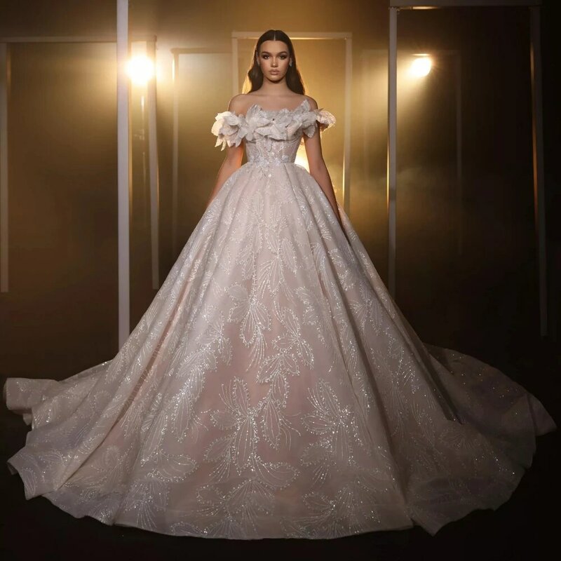 Anmutig von der Schulter Brautkleid funkelnde Pailletten Brautkleid Luxus 3d Blume Ballkleid lange Braut Robe Vestido de Novia