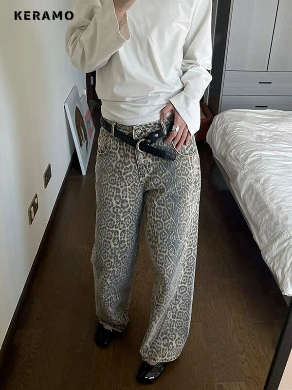 Calças de perna larga leopardo vintage para mulheres, moda casual simples, calça solta feminina, grande tamanho, hip hop, y2k, primavera, outono, 2024