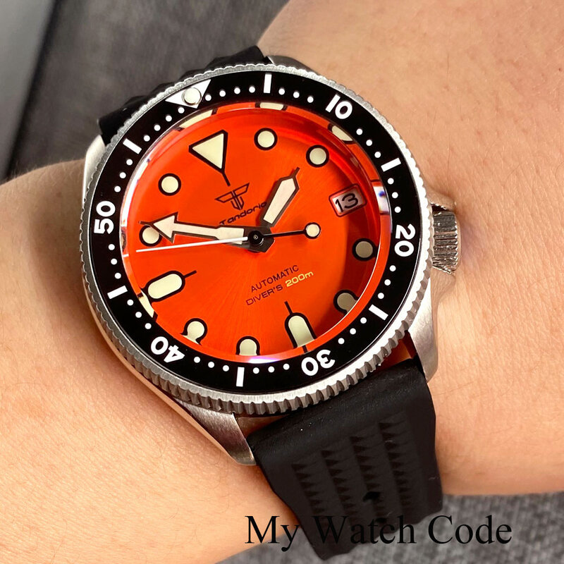 SKX013 Mod 200M 방수 스틸 기계식 시계, 남성 선버스트 오렌지 다이버 손목 시계, 37mm 레이디 시계 와플 밴드 3.8 크라운