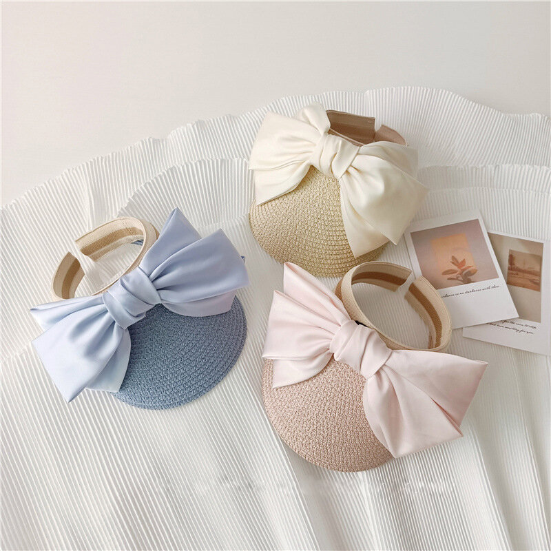 Chic Style Ribbon Big Bow Sunhat Children's Empty Top Hat Mother‘s Hat Family Match Cap Holiday Outing Beach Hat Wheat Straw Cap