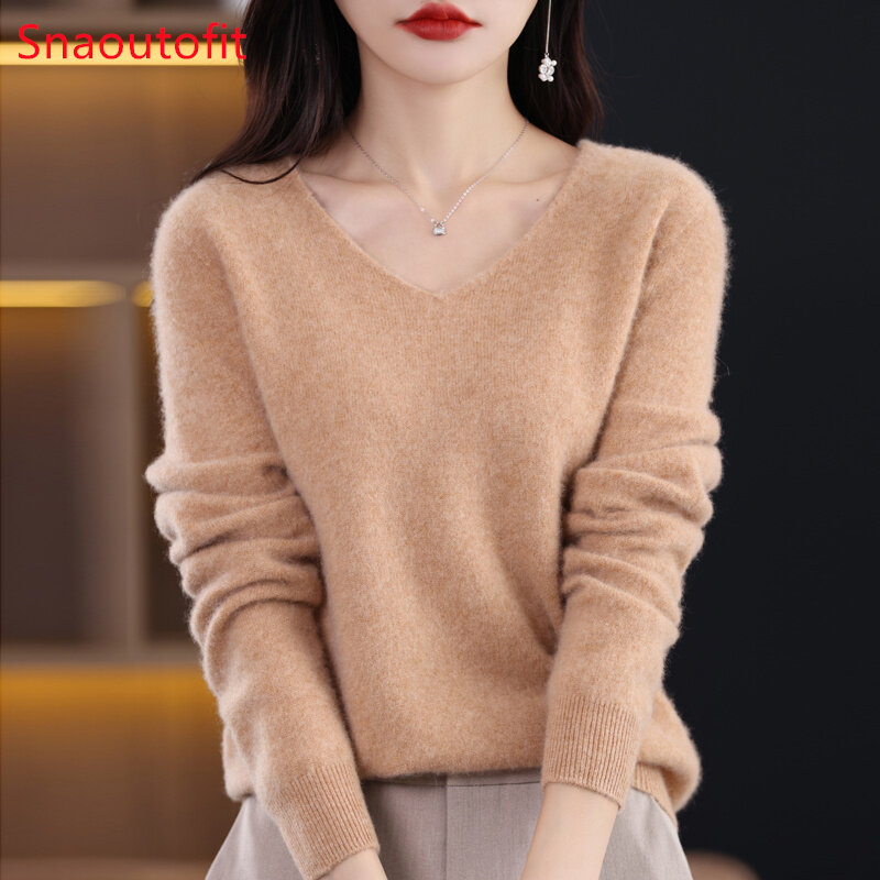 Sweater wol wanita rajut leher V, baju Dalaman longgar polos lembut musim gugur dan dingin 2023