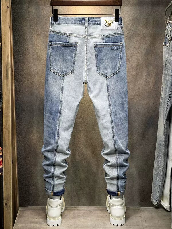 Jeans jeans rasgado elástico masculino, calça slim fit, moda de rua alta, estilista emendado, azul retrô, hip hop, buraco