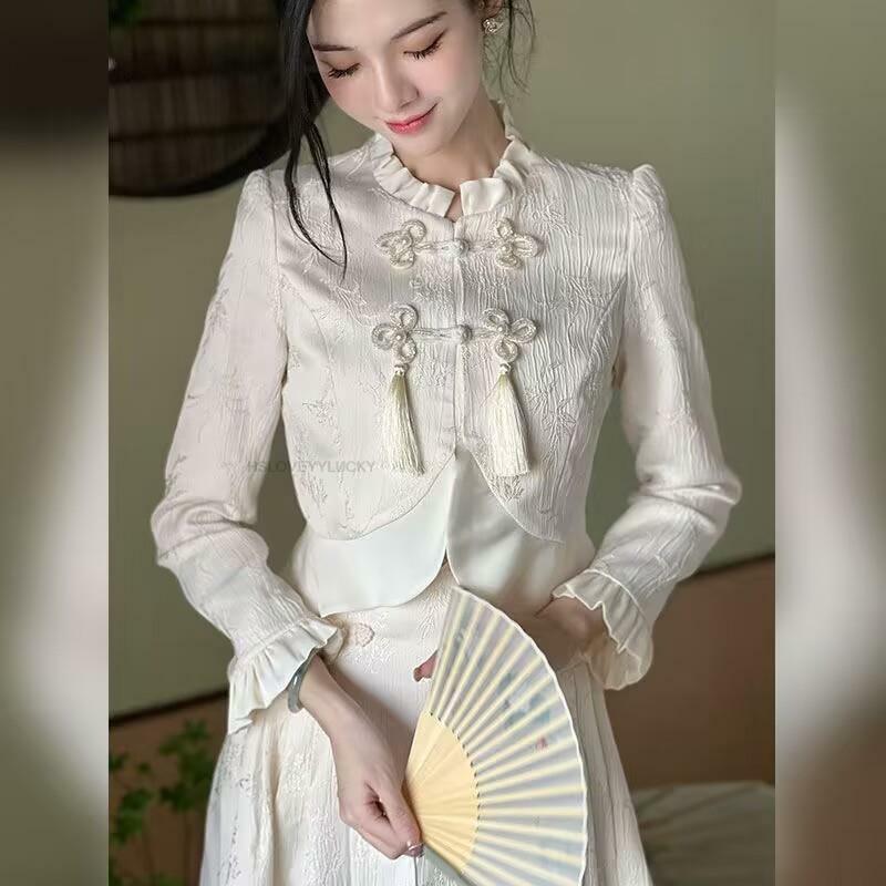 Conjunto Cheongsam de estilo chino para mujer, Top de manga larga con botones, falda de cintura alta, elegante
