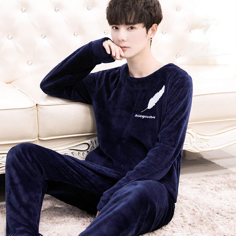 WPTCXH-pijama masculino de veludo coral redondo pescoço, quente, espessado, pelúcia dos desenhos animados, roupas de casa, terno de dormir, outono, inverno