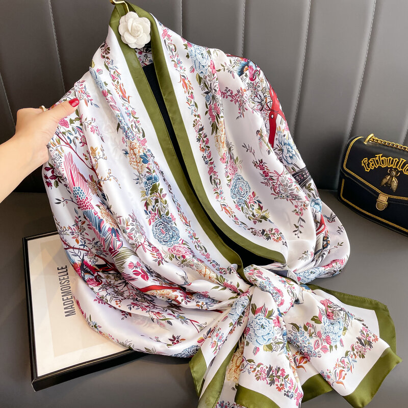 Модная шаль с принтом 180x90 см, популярный дизайн, шелковый шарф с атласной отделкой, всесезонный теплый хиджаб, женские роскошные фирменные шарфы