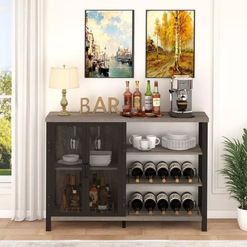 Liquor Cabinet Bar for Home, Rustic Home Bar Cabinet with Wine Rack, Coffee Bar Cabinet with Storage (47 Inch, Grey Oak)