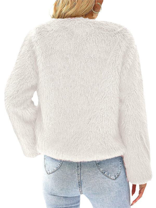 Women s Winter Faux Fur Cropped Jacket Fashion Soft Fleece Coats Long Sleeve Open Front Shaggy Warm Outerwear