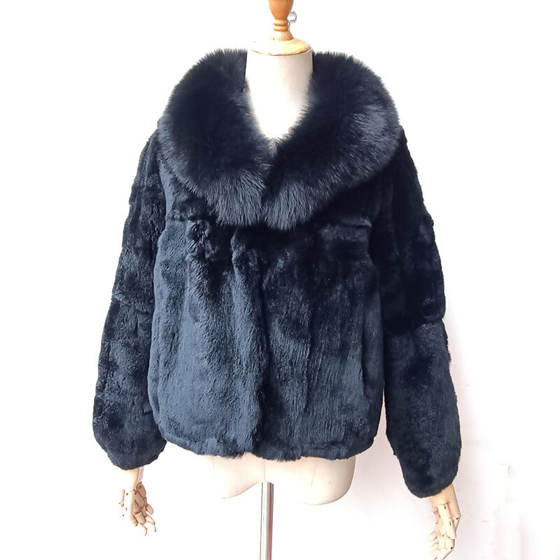 Abrigo grueso de piel de conejo Rex Real para mujer, chaqueta con cuello de piel de zorro Real, abrigo cálido de lujo de manga larga, prendas de vestir de invierno