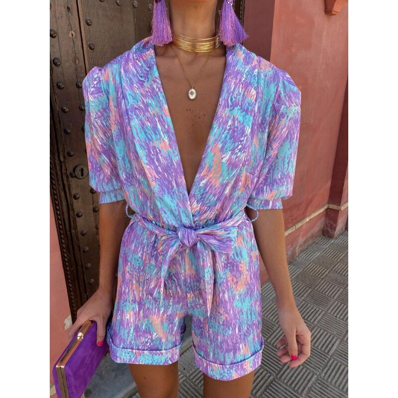 Skinny Playsuits For Women Deep V Neck Short Sleeve Spliced High Waist Print Playsuit Female Summer 2023 Fashion Style Jumpsuits