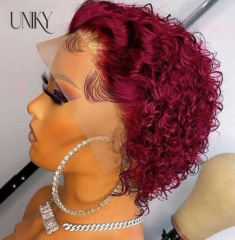 Short Curly Pixie Cut Wig Human Hair Lace Front 13x1 Transparent Lace Frontal Wig 99J Burgundy Deep Water curly Human Hair Wig