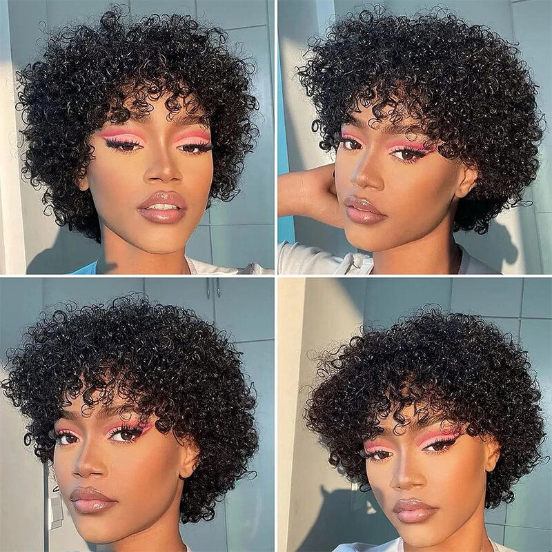 Short Pixie Cut Wigs for Women 180% Density Black Color Full Machine Made Curly Pixie Wigs Human Hair Brazilian Remy Hair