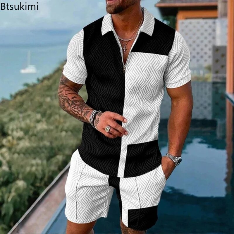 Homens 3D Print Zipper Lapela Polo Shirt e Shorts Conjuntos, Streetwear de grandes dimensões, Roupas de verão, Conjuntos 2pcs, 2024