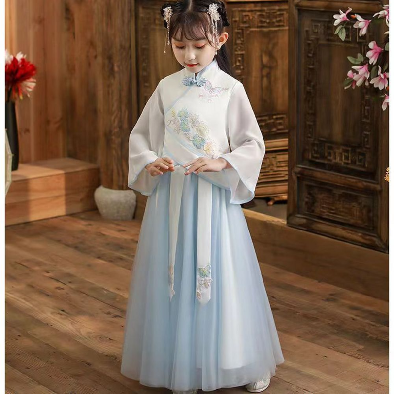 New Autumn Girls Chinese Style Vintage Tassel Hanfu New Year Embroidery Qipao Robe Chinoise Kids Performance Princess Vestido