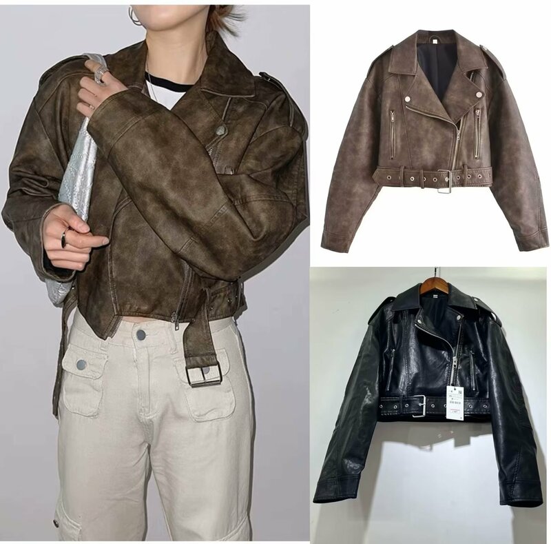 APIPEE-Veste en cuir délavé avec ceinture pour femme, manteau court avec fermeture éclair dégradée et veste à revers vintage, 2024