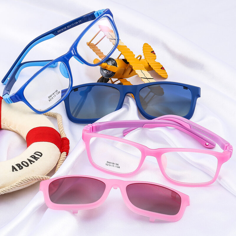 ชุดแว่นตาสำหรับเด็กชุดกระดุมแขวนแว่นตาไนลอนสองโทนแสงยูวีกันแสงสีฟ้าแบบธรรมดา