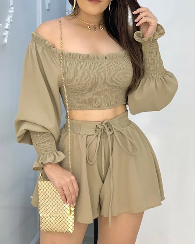 Summer urban style women's sexy off-shoulder slant collar T-shirt shorts suit long-sleeved fashion casual suit two-piece set